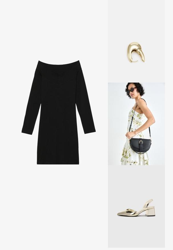 Crna haljina bez naramenica s dugim rukavima, sa V-izrezom. Izrađena od glatkog materijala, ima uski kroj.; Zlatni metalik slingback sandali s šiljatim vrhom i debelim potpeticama. Glatka tekstura, minimalistički dizajn i uski remen.; Crna kožna torba s lukovitim oblikom, odvojivim remenom i zlatnim detaljima. Torba ima preklop s kopčom.; Zlatne metalne naušnice s elegantnim, zakrivljenim dizajnom. Imaju karakterističan šiljast oblik, poliranu površinu i zatvaranje na šarku.