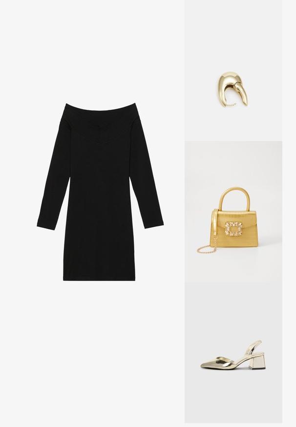 Juodas su peties iškirpimu su ilgomis rankovėmis, turintis V formos iškirptę. Pagamintas iš lygaus audinio, jis turi prigludusią siluetą.; Auksiniai, metaliniai slingback aukštakulniai bateliai su smailiu pirštu ir masyviu kulnu. Lygus paviršius, minimalizmo dizainas ir siaura juostelė.; Geltonas dirbtinės krokodilo odos rankinukas su standžiu dizainu, viršutine rankena, nuimamu grandininiu dirželiu ir dekoratyviniu krištolo papuošimu ant užsegimo.; Aukso tono metalinės auskarai su stilingu, kreiviu dizainu. Išsiskiria ryškiu smailiu pavidalu, poliruota paviršiumi ir užsegimu su vyriu.