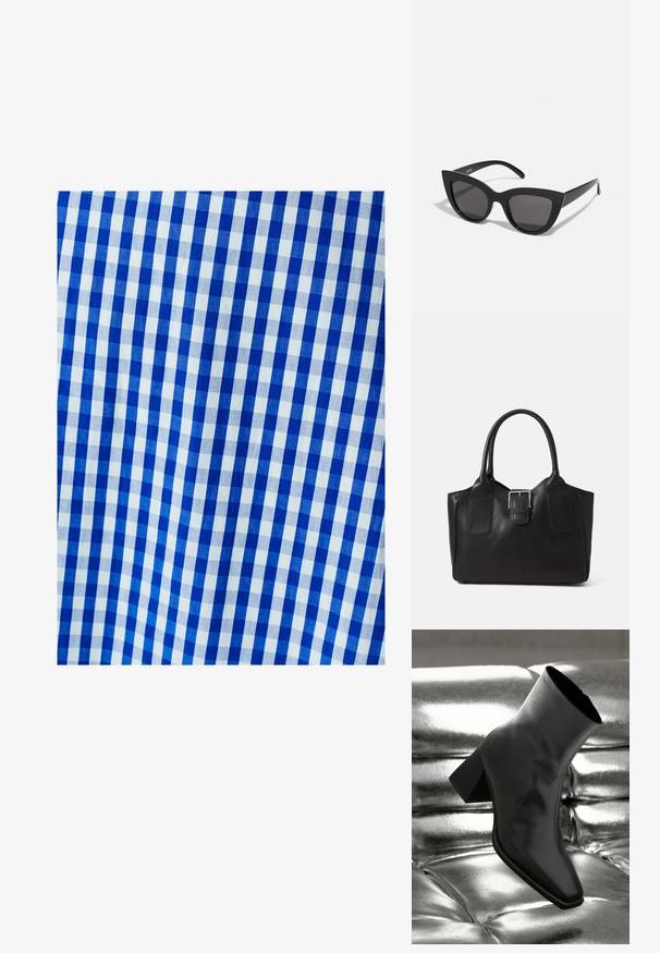 Sinine ja valge ruuduline kangas, millel on kontrollitud mustrid, koos võimalike ühtlaste ruutudega. Tekstuur näib sujuv ja kududa.; Must musta narmand, läikiva materjali ja ruudukujulise varbaga ning kitseneva kontsaga, paigutatud läikiva hõbedaselt tuftitud tausta ette.; Mustad mustakate silmade prillid, millel on matt viimistlus, hallist toonitud läätsed, teravad nurgad ja stiilsed küljed. Brändi nimi on nähtav siseküljel.; Mustgamma nahast kott, millel on sile tekstuur, struktureeritud kuju, kaks käepidet ja esiküljel silmapaistev hõbedane pandla detail.