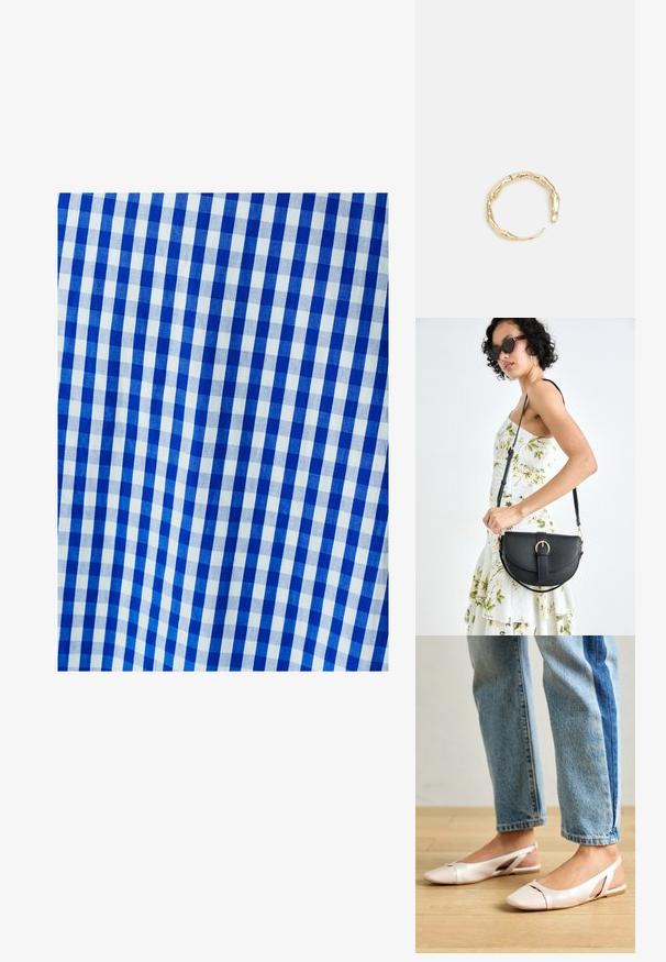 Modra in bela karirana blaga z vzorcem, ki ima enake kvadratke. Tekstura se zdi gladka in tkana.; Svijetloružičaste slingback balerinke s šiljastim nožnim prstima, napravljene od glatkog materijala nalik koži. Imaju izrezane detalje sa strane i ravne pete.; Črna usnjena torbica s ukrivljeno obliko, z odstranljivo naramnico in zlatimi dodatki. Torbica ima pokrov s podrobnostmi v obliki zaponke.; Zlati prstan s organskim, zvitim dizajnom, gladko površino in taperiranimi konci, ki ustvarja modernega, skulpturalnega videza.