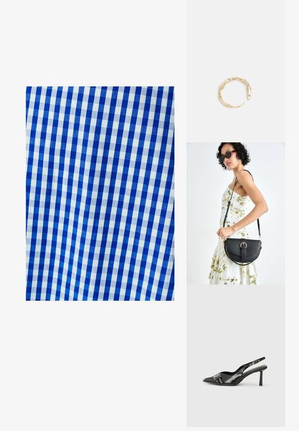 Zila un balta gingham audums ar rūtainu rakstu, kas sastāv no vienādiem kvadrātiem. Tekstūra izskatās gluda un austs.; Melnā patentēta ādas sandale ar norādītu purngalu, potītes siksniņām ar sudraba sprādzēm un aparatūru, kā arī smalku papēdi.; Melnas ādas rokassoma ar izliekta formu, noņemamu siksnu un zelta aksesuāriem. Somai ir vāciņš ar sprādzes detaļu.; Zelta toņa gredzens ar organisku, vērptu dizainu, gludu virsmu un sašaurinātiem galiem, radot mūsdienīgu, skulpturālu izskatu.