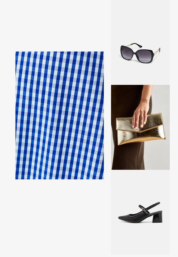 Niebieska i biała tkanina w kratkę w wzór gingham, z równymi kwadratami. Faktura wydaje się gładka i tkana.; Czarne lakierowane czółenka na słupku ze spiczastym noskiem, lekko zaokrąglonym wycięciem i obcasem w kształcie bloku. Posiadają złotą klamrę jako akcent dekoracyjny.; Czarne oversize okulary przeciwsłoneczne z gradientowymi soczewkami, grubymi oprawkami i złotym łańcuszkiem na ramionach.; Złota metaliczna kopertówka o gładkiej teksturze, z trójkątnym zapięciem na klapkę. Ręka trzymająca torbę ma starannie wypielęgnowane paznokcie.