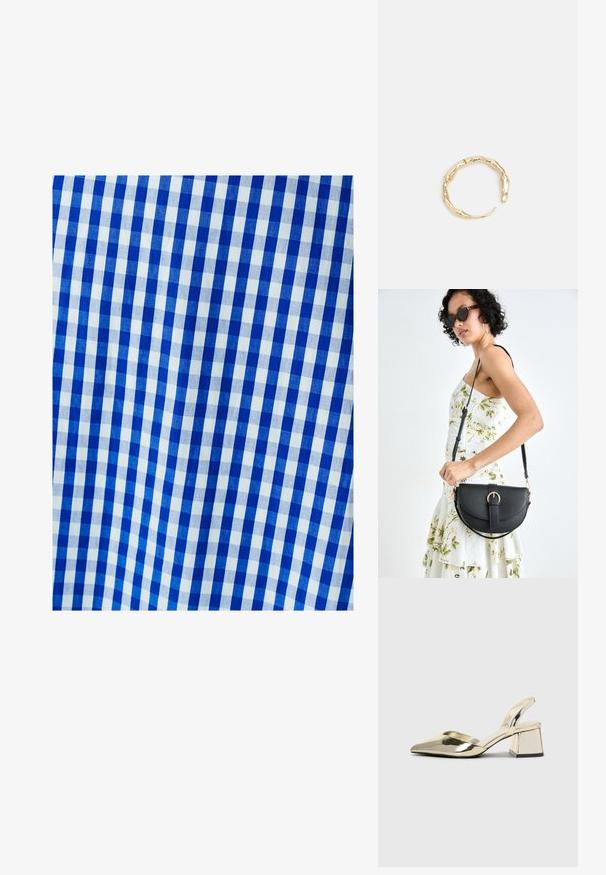 Zila un balta gingham audums ar rūtainu rakstu, kas sastāv no vienādiem kvadrātiem. Tekstūra izskatās gluda un austs.; Zeltaini, metāla kurpes ar siksniņām, norakans purngalis un masīla papēdis. Gluda tekstūra, minimālisma dizains un šaura siksna.; Melnas ādas rokassoma ar izliekta formu, noņemamu siksnu un zelta aksesuāriem. Somai ir vāciņš ar sprādzes detaļu.; Zelta toņa gredzens ar organisku, vērptu dizainu, gludu virsmu un sašaurinātiem galiem, radot mūsdienīgu, skulpturālu izskatu.