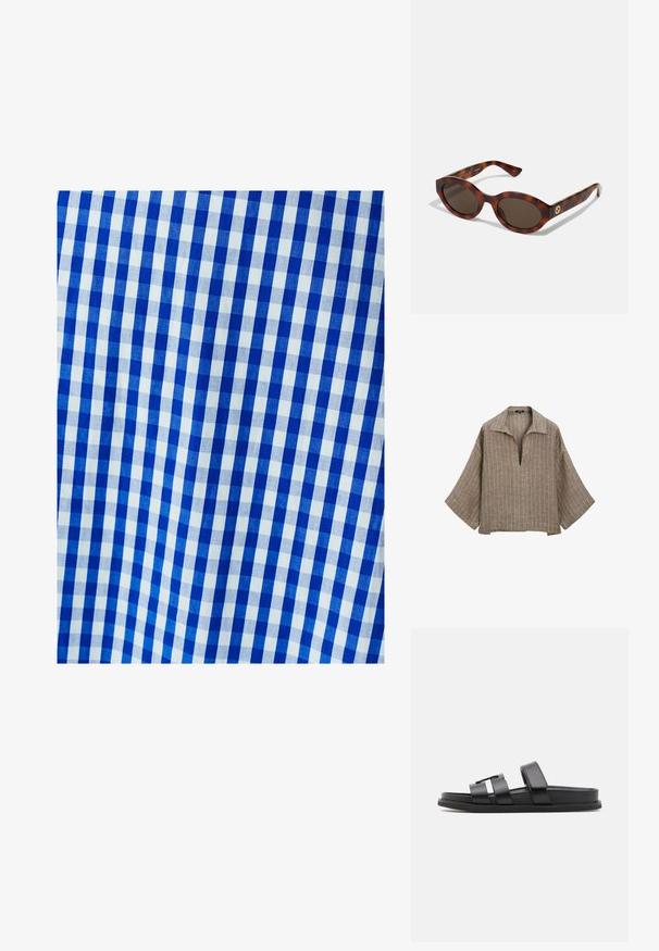 Tissu vichy bleu et blanc avec un motif à carreaux, présentant des carrés uniformes. La texture semble lisse et tissée.; Blouse en lin marron avec un col, décolleté en V profond et manches évasées larges. Présente des rayures blanches verticales et une forme décontractée et carrée.; Sandales à glissière noires avec deux larges brides et un design minimaliste. Fabriquées en matériau synthétique lisse avec une semelle plate.; Lunettes de soleil en écaille de tortue avec des montures rondes, des verres foncés et des détails en or sur les branches. Matériau en plastique lisse, sans motifs visibles.