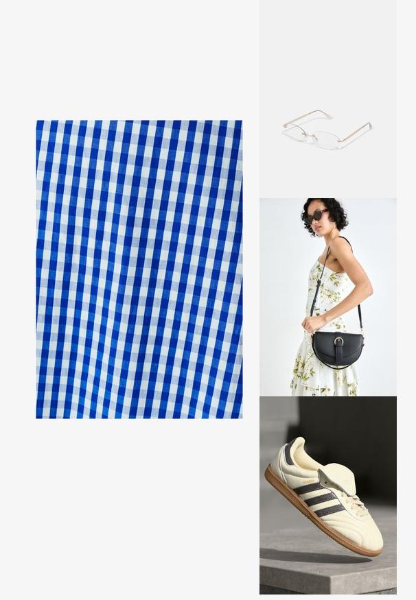 Modrý a bílý kostkovaný materiál s kontrolovaným vzorem, který obsahuje rovnoměrné čtverce. Textura se zdá být hladká a tkaná.; Krémové kožené tenisky se třemi tmavými pruhy, hnědou gumovou podrážkou a zaoblenou špičkou. Mají skládací jazyk s nápisem "SAMBA."; Zlaté kovové brýle s oválnými čočkami, štíhlými stranami a průhlednými nosními podložkami. Obsahují jemné akcenty na pantech a průhledné čočky.; Černá kožená kabelka s křivkovým tvarem, odnímatelným popruhem a zlatými detaily. Kabelka má klopu s přezkou.