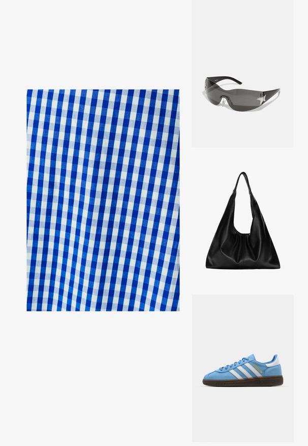 Blauw-wit geruite stof met een gecontroleerd patroon, bestaande uit gelijke vierkanten. De textuur lijkt glad en geweven.; Lichtblauwe suède sneakers met witte leren strepen, een bruine textuurzool en gouden logo-detail. Laag ontwerp met een ronde neus.; Zwarte zonnebril met een wrap-around ontwerp, donkergetinte glazen, glanzende stervormige accenten en verstelbare neussteunen.; Zwarte leren hobo tas met een zachte, gebogen vorm. Heeft een brede bovenhandgreep en plooien aan de onderkant voor een slappe textuur.