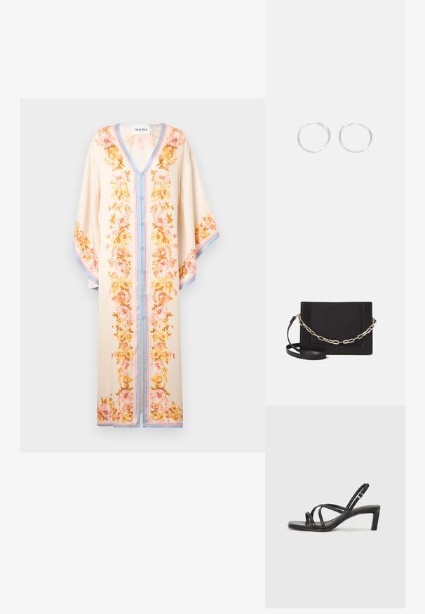 Könnyű, krém színű kaftán rózsaszín és sárga virágmintákkal. V-nyakú, gombos elejű, kontrasztos kék díszítéssel.; Fekete pántos szandál négyzetes orral és alacsony blokk sarkal. Több vékony pánttal és állítható boka pánttal rendelkezik. Sima bőrből készült.; Fekete bőr keresztpántos táska, sima textúrával, téglalap alakú és fém lánc részlettel az elején. Állítható pánttal ellátva.; Ezüst karika fülbevalók, letisztult, kerek formával, sima felülettel és látható díszítés nélkül. A átmérő nem megadott.