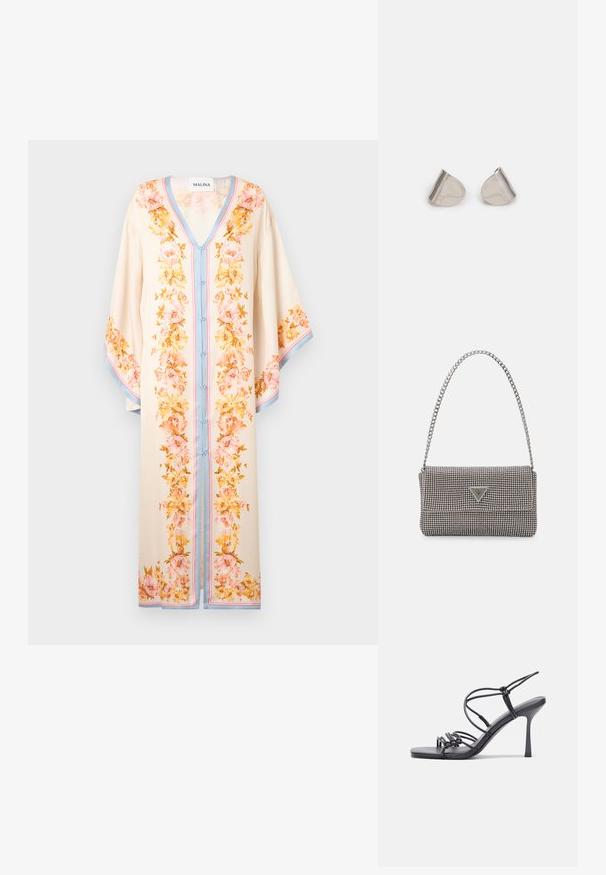 Lengvas, grietinėlės spalvos kaftanas su rožių ir geltonų spalvų gėlėmis. Savybės: V formos iškirptė, sagų priekyje ir kontrastingas mėlynas apvadas.; Juodos aukštakulnės sandalai pasižymi plonyčiais dirželiais su mazgo dizainu, lygiu kvadratiniu pirštu ir elegantišku stiletto kulnu.; Šviesiai pilka metalinė rankinė su grandinėlės dirželiu, papuošta mažais apvaliais metaliniais smeigėmis ir trikampiu prekės ženklu.; Sidabriniai metaliniai auskarai su lygiu, ašaros formos dizainu ir blizgiu paviršiumi. Subtilūs raižiniai prideda detalumo. Minimalistinis dizainas.