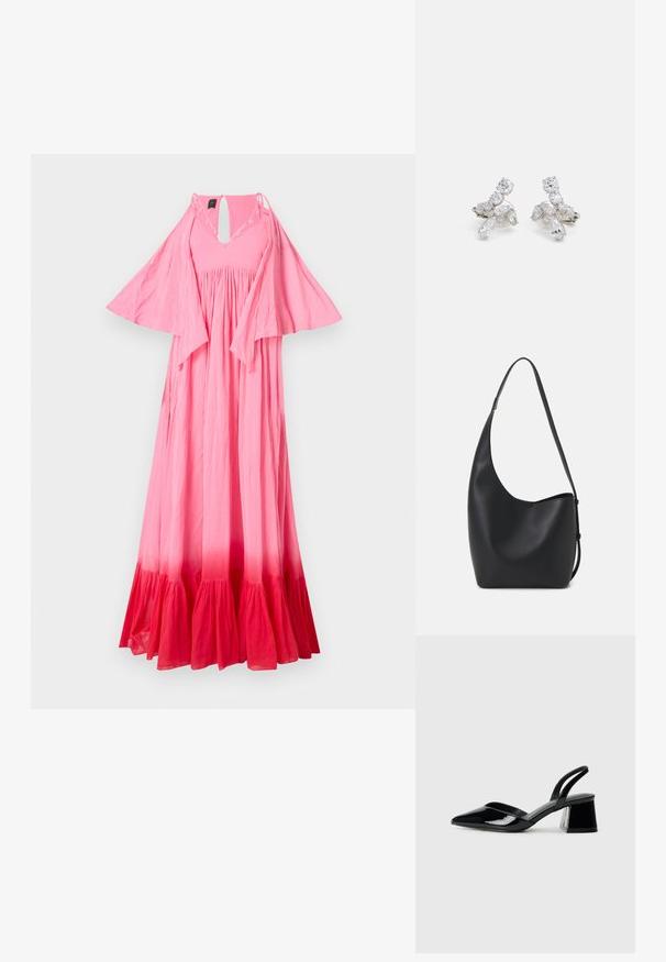 Rochie maxi în nuanțe gradient de roz, trecând de la tonuri deschise la cele închise. Are un decolteu în V, mâneci evazate și o talie gathered. Țesătură texturată.; Pantofi cu toc slingback din piele lacuită neagră, cu vârf ascuțit și toc geometric. Prezintă un design elegant, minimalist și o textură netedă.; Geantă hobo din piele neagră, cu o textură netedă, formă curbată și un singur bretele ajustabil; are o deschidere largă în partea de sus.; Cercei au ton argintiu, cu pietre clare și strălucitoare în diverse forme, inclusiv rotunde și marquise, aranjate într-un design floral.