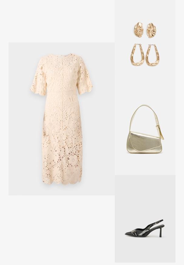Csipke ruha puha bézs színben, virágmintás kivágásokkal, rövid ujjakkal, kerek nyakkivágással és fodros szegéllyel, amely bonyolult textúrát és dizájnt mutat be.; Fekete lakk bőr, hegyes orrú slingback cipő, boka pántokkal, ezüst csatokkal és hardverelemekkel, valamint karcsú sarkú.; Arany fémes kézi táska, strukturált dizájnnal, sima felülettel és állítható pánttal. Egyedi háromszög alakú, minimalistának mondható varrásokkal rendelkezik.; Aranyszínű fülbevalók, texturált, hullámos formákkal. Tartalmazza a szobrászati klipszes studokat és az open hoop kialakítást, kalapácsos felülettel.