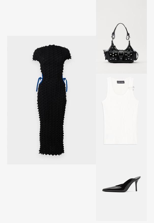 Mustmust, millel on tekstureeritud, okkaline disain, lühikesed varrukad ja vormitud siluett. Teksase sidemed taljes lisavad kontrasti.; Valge ribaga tank top ümmarguse kaelusega ja metallist aksessuaari detailiga õlal. Pehme tekstuur, istuv disain ja ilma varrukateta stiil.; Must musta nahkkängad terava ninaga ja sujuva siluetiga, avatud tagusega ja peene stiletto kontsaga.; Must värvi nahast käekott, millel on kaarjas disain, hõbedased nupukesed, kinnitusahe ja kaks külgtaskut. Reguleeritav rihm erinevate kandmisvõimaluste jaoks.