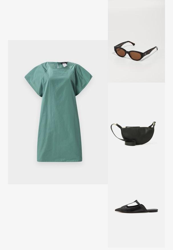 O rochie cu mânecă scurtă într-o nuanță verde estompată, cu o croială lejeră, textură netedă și un fermoar la spate pentru închidere.; Pantofii din piele neagră cu curea la spate au vârful ascuțit, prezentând un accent țesut și un design superior pliat. Talpa joasă cu hardware minim.; Ochelari de soare tortoise black cu lentile maro, design unghiular și brațe late cu un detaliu subtil al logo-ului. Textură de plastic neted.; Geantă crossbody din piele neagră, cu formă de jumătate de lună, suprafață texturată, fermoar auriu și curea plată. Design compact, potrivit pentru obiectele esențiale.