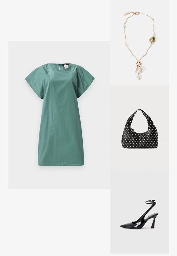 Ein kurzärmliges Kleid in einem gedämpften Grünton, mit einer lockeren Passform, glatter Textur und einem Reißverschluss auf der Rückseite für den Verschluss.; Schwarze Lackleder-Slingbacks mit spitz zulaufender Zehenpartie, verstellbarem Knöchelriemen und moderatem Blockabsatz. Glatte Textur mit glänzender Oberfläche.; Schwarze Lederhandtasche mit einem gebogenen Griff, die ein Muster aus metallischen Nieten aufweist, die gleichmäßig über die Oberfläche verteilt sind. Mit Reißverschlussverschluss.; Halskette in Goldton mit verdrehten Gliedern, weißen Perlen und einem grünen Steinelement. Verfügt über filigrane Details und einen Verschluss zum Schließen.