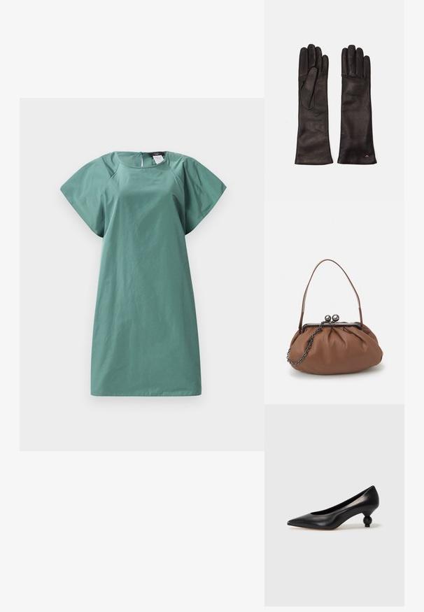 Ein kurzärmliges Kleid in einem gedämpften Grünton, mit einer lockeren Passform, glatter Textur und einem Reißverschluss auf der Rückseite für den Verschluss.; Schwarze Leder-Pumps mit spitzem Zehenbereich und runder, ballförmiger Ferse. Glatte Textur mit einem eleganten, minimalistischen Design.; Braune Leder-Handtasche mit gerafftem Design, einem kurzen Ledergriff und einem Kettenriemen. Sie verfügt über einen silbernen Metallverschluss mit zwei runden Akzenten.; Weekend Max Mara SENAPE - Fingerhandschuh - nero