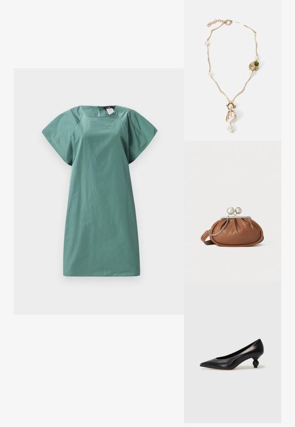 O rochie cu mânecă scurtă într-o nuanță verde estompată, cu o croială lejeră, textură netedă și un fermoar la spate pentru închidere.; Pantofii cu toc înalt din piele neagră, cu vârf ascuțit și toc rotund, mimos. Textură netedă, cu un design elegant și minimalist.; Plic din piele maro cu închidere din bilă argintie și un mic detaliu cu lanț argintiu pe un fundal alb.; Colier din metal auriu, cu verigi răsucite, perle albe și un accent din piatră verde. Prezintă detalii intricate și un sistem de închidere.