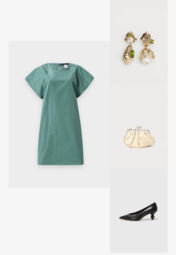 Lühikeste varrukatega kleit muted rohelises toonis, millel on vabalt langev lõige, sile tekstuur ja selja peitepulk.; Must musta kõrge kontsaga king, millel on terav nina ja ümar, pallikujuline konts. Sile pind ja elegantne, minimalistlik disain.; Kortsus beežist nahast kotike, millel on hõbedane metallraam, kaunistatud kahe ümmarguse dekoratiivse lukuga ja hõbedase ketispideme. ; Kuldtooniga kõrvarõngad, millel on ebaühtlased tekstuuriga kujundid, on kaunistatud roheliste vääriskividetega ja valgete pärlitega, mis on kinnitatud klamberkinnitustega.