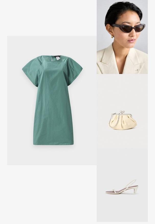 Un vestito a maniche corte in una tonalità verde tenue, con una vestibilità rilassata, una texture liscia e una cerniera sul retro per la chiusura.; Sandali slingback bianchi con un leggero tacco, sottili cinturini e una superficie in pelle liscia; presentano una piccola fibbia decorativa.; Occhiali da sole cat-eye marroni con lenti scure, dotati di montatura spessa e superficie liscia, abbinati a un blazer beige e orecchini a cerchio dorati.; Clutch in pelle beige plissettata con una struttura in metallo argento, dotata di due chiusure decorative rotonde e una tracolla in catena argentata.