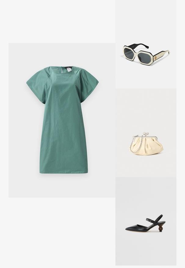 Rövid ujjú ruha halvány zöld árnyalatban, laza szabással, sima textúrával és hátsó cipzárral a záródáshoz.; Fekete bőr szandálcipő hegyes orral, íves kialakítással és kerek, fára hasonlító sarokkal. Keskeny bokapánttal rendelkezik.; Oktogonális fehér keretű napszemüveg, fekete szélekkel és szürke lencsékkel. Az oldalán lévő arany logó részlet egyedi kiemelést ad.; Pleátolt bézs bőr válltáska ezüst fém kerettel, két kerek díszcsattal és ezüst lánc pánttal.