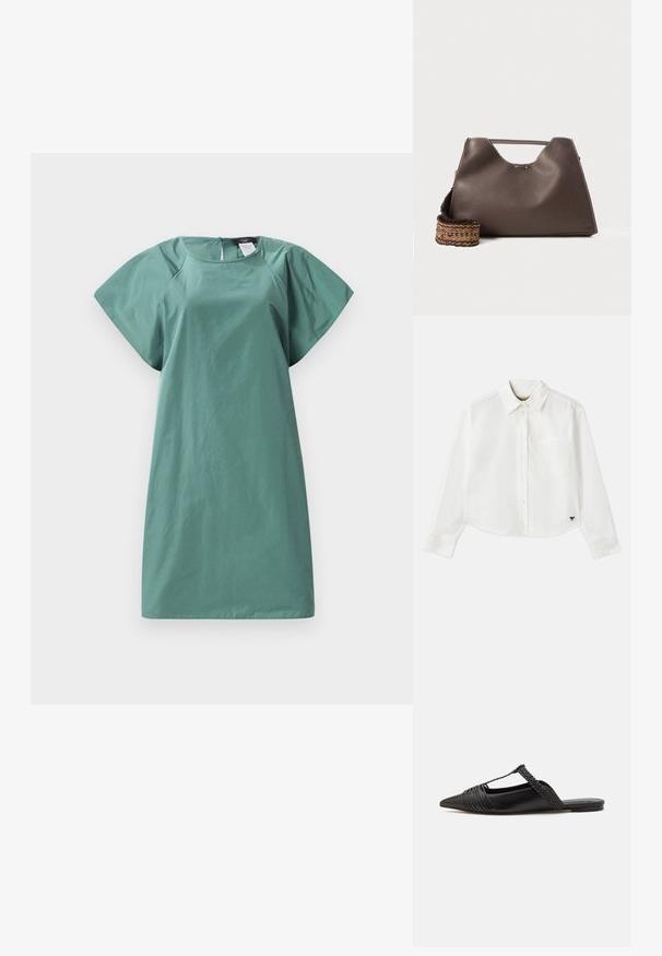 Un vestito a maniche corte in una tonalità verde tenue, con una vestibilità rilassata, una texture liscia e una cerniera sul retro per la chiusura.; Camicia bianca a maniche lunghe e taglio corto in cotone. Presenta una chiusura con bottoni sul davanti, una tasca sul petto e un piccolo logo nero in basso a sinistra.; Scarpa slingback in pelle nera con punta appuntita, con un dettaglio intrecciato e un design superiore plissettato. Suola piatta con hardware minimale.; Borsa a mano in pelle marrone con finitura texturizzata, design angolare e un manico superiore distintivo. Presenta un dettaglio a tracolla intrecciato con motivo.