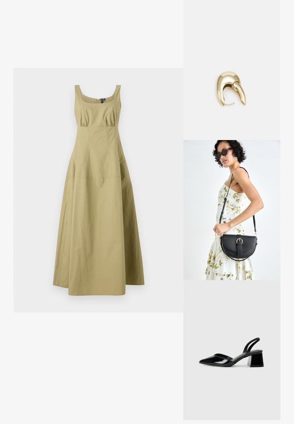 Vestido sem mangas de cor verde-azeitona, com decote quadrado, cintura franzida e saia rodada. Feito de tecido leve.; Sandy em verniz preto com salto slingback, ponta afilada e salto geométrico. Apresenta um design elegante e minimalista com textura suave.; Bolsa de couro preta com forma curva, alça destacável e detalhes em dourado. A bolsa possui uma aba com detalhe de fivela.; Brinco em metal dourado com um design elegante e curvo. Apresenta uma forma pontiaguda distinta, superfície polida e fecho por dobradiça.