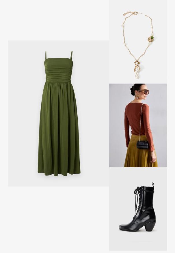 Green maxi dress with thin straps, gathered bodice, and flowing skirt. Made of a smooth fabric, featuring a solid color without patterns.; Black leather ankle boots with a square toe, front lace-up design, and a chunky, flared heel. Smooth texture and sleek finish.; Vivienne Westwood SMALL PURSE CHAIN - Cross body bag - black; Gold-tone necklace with twisted links, white pearls, and a green stone accent. Features intricate details and a clasp for fastening.