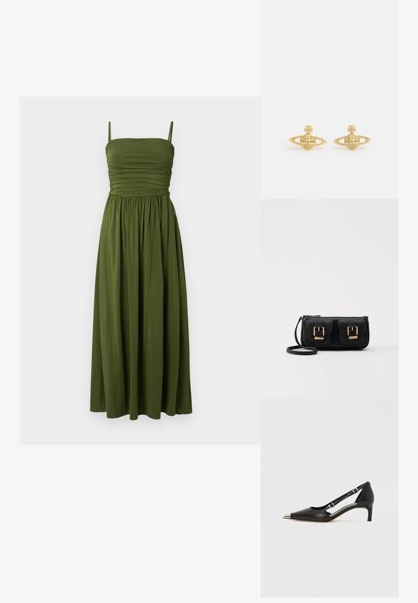 Vestito maxi verde con spalline sottili, corpetto arricciato e gonna fluida. Realizzato in un tessuto morbido, con un colore uniforme senza motivi.; Décolleté in pelle nera con tacco kitten, punta argentata appuntita e doppie cinghie con fibbia su sfondo bianco.; Borsa a tracolla nera in pelle con due tasche frontali, fibbie dorate, chiusura con zip e una tracolla sottile. Superficie texturizzata e forma rettangolare compatta.; Vivienne Westwood MINI BAS RELIEF EARRINGS - Orecchini - gold-coloured