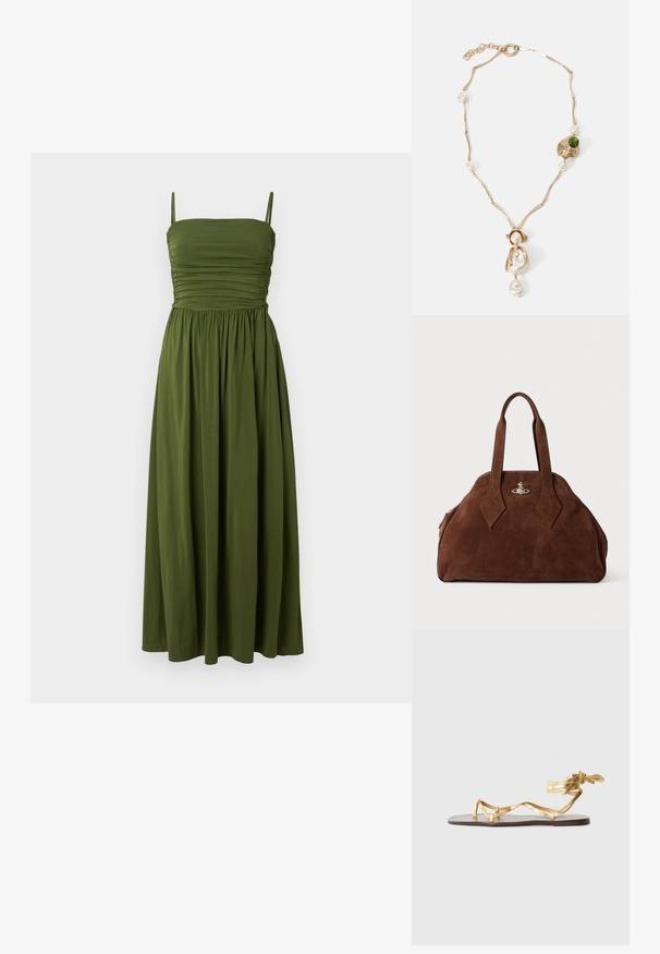 Vestito maxi verde con spalline sottili, corpetto arricciato e gonna fluida. Realizzato in un tessuto morbido, con un colore uniforme senza motivi.; Sandalo piatto caratterizzato da una finitura metallizzata oro, con sottili cinturini e chiusura a lacci. La suola è realizzata in pelle marrone con un design minimale.; Borsa in suede marrone con una forma strutturata, corpo arrotondato e manici a forma di diamante allungati. Presenta una chiusura in metallo argentato.; Collana dorata con maglie attorcigliate, perle bianche e un accento di pietra verde. Presenta dettagli intricati e una chiusura per l'aggancio.
