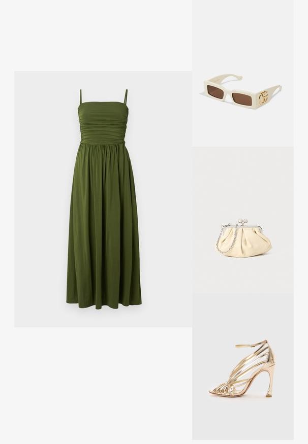 Zelené maxi šaty s tenkými ramienkami, zhromaždeným živôtikom a prúdnou sukňou. Vyrobené z hladkej tkaniny, majú jednofarebný vzor bez akýchkoľvek motívov.; Zlaté sandále na vysokom opätku so zakriveným opätkom, otvorenou špičkou a lesklým povrchom. Obsahujú viacero kovových popruhov cez chodidlo.; Biele obdĺžnikové slnečné okuliare s hnedými sklami. Na strane majú výrazné zlaté logo GG. Vyrobené zo štruktúrovaného plastového materiálu.; Zhlý béžový kožený klobúk so strieborným kovovým rámom, ktorý má dve okrúhle dekoratívne zámky a strieborný reťazový popruh.