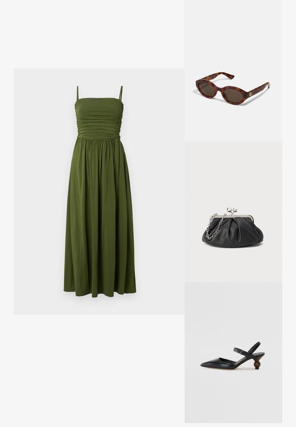 Žalia maxi suknelė su plonais petnešomis, surinktu liemeniu ir laisvai krentančia sijonu. Pagaminta iš lygaus audinio, vienos spalvos, be raštų.; Juodos odinės slingback tipo bateliai su smailiu nosiu, išlenktu dizainu ir apvaliu medžio imitacijos kulnu. Pabrėžia siauras kulkšnies dirželis.; Kiaušinio lukšto saulės akiniai su apvaliais rėmeliais, tamsiais lęšiais ir auksiniu logotipu ant šventyklų. Lygus plastiko paviršius, jokie matomi raštai.; Juodas odinis delninukas su susiraukusiu tekstūru, sidabrinės spalvos metalo rėmas, uždaromas užsukamu užtrauktuku bei grandinėlės dirželis. Lygus, minkštas paviršius.