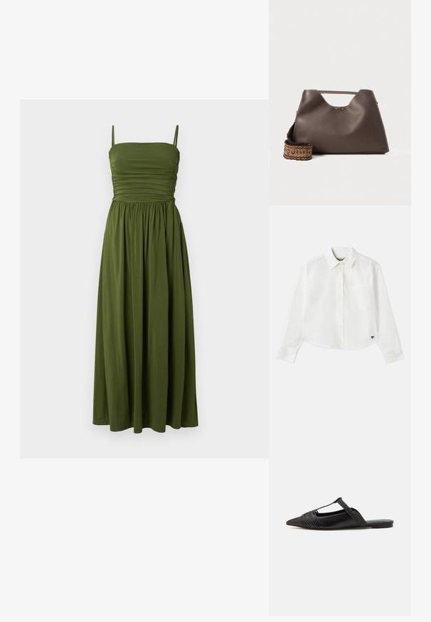Zöld maxi ruha vékony pántokkal, rakott melltartó résszel és bő szoknyával. Simaságot árasztó anyagból készült, egyszínű, mintázat nélkül.; Fehér, rövidített hosszú ujjú, pamut ing. Gombos elülső résszel, mellzsebbel és egy kis fekete logóval a bal alsó részen.; Fekete bőr slingback cipő hegyes orral, szőtt díszítéssel és redőzött felső dizájnnal. Lapos talp minimális hardverrel.; Barna bőr kézi táska texturált felülettel, szögletes dizájnnal és jellegzetes felső fogantyúval. Mintás szőtt vállpánttal rendelkezik.