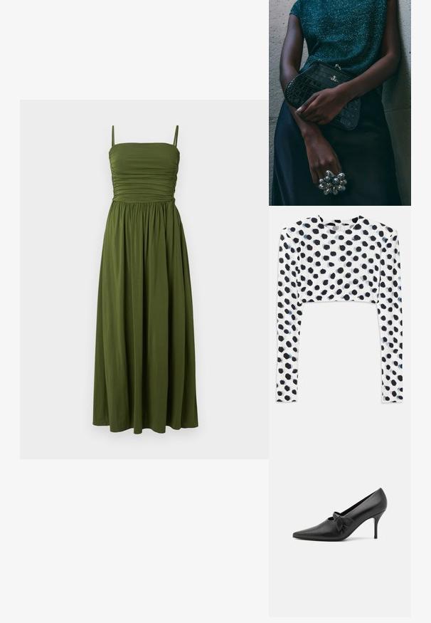 Vestido maxi verde con tirantes finos, cuerpo fruncido y falda fluida. Fabricado con una tela suave, presenta un color sólido sin patrones.; Top corto de manga larga en tejido blanco elástico con un diseño de lunares negros, con una textura suave y escote redondo.; GIABORGHINI ARTEMIS - Tacones - black; Bolso de mano negro con estampado de cocodrilo y herrajes plateados, sostenido frente a un fondo gris texturizado. Presenta una superficie brillante.
