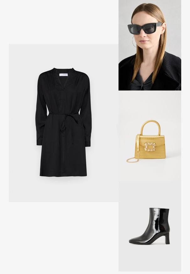 Črna obleka z V-izrezom, dolgimi rokavi in trakom v pasu. Narejena iz gladkega materiala, s sproščenim krojem in minimalnim dizajnom.; Črne lakirane gležnjarje z ošiljenim nosom in srednje visokim blokastim peto. Gladka tekstura in minimalističen dizajn.; Črne mačje očala s temnimi lečami, debelimi okvirji in subtilnimi detajli. Oblečena z črnim plaščem in sivim zgornjim delom, z dolgimi ravnimi lasmi.; Rumeno usnjeno-usnje z vzorcem krokodila, s strukturiranim dizajnom, zgornjo ročajem, snemljivo verižico in dekorativnim kristalnim okrasjem na zaponki.