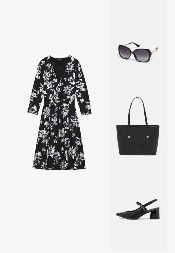 Robe noire à fleurs avec des manches longues, présentant des motifs floraux argentés, un décolleté en V et une taille ceinturée. Tissu doux avec une jupe fluide.; Escarpins slingback en cuir verni noir avec un embout pointu, un design à découpes arrondies et un talon carré. Présente un accent de boucle en ton doré.; Lunettes de soleil noires surdimensionnées avec des verres dégradés, monture épaisse et détails en chaîne dorée sur les branches.; Sac fourre-tout noir en matériau synthétique, avec un design rectangulaire simple, des accents carrés dorés et des doubles poignées.
