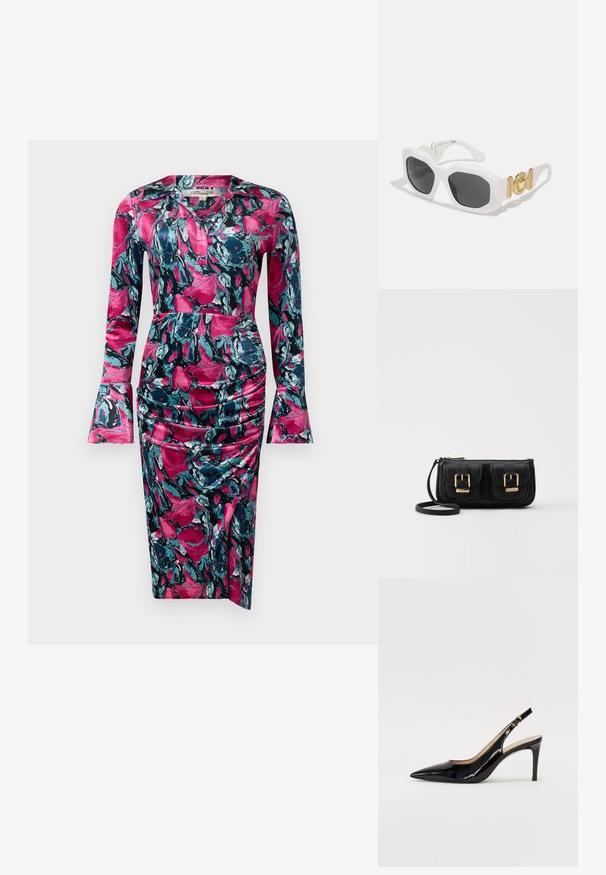 Diane von Furstenberg ZANE DRESS - Koktélruha / Partiruha - indian pink; Fekete lakk bőr kötött magassarkú cipő, hegyes orral és karcsú sarokkal, finom kivágásos dizájnnal. Az övön arany csatt található.; Fehér nyolcszögletű napszemüveg sötét lencsékkel. Arany hardware részletekkel és texturált kialakítással a szárakon.; Fekete bőr keresztbody táska két elülső zsebbel, arany csattokkal, cipzáras záródással és vékony pánttal. Textúrált felület és kompakt téglalap alak.