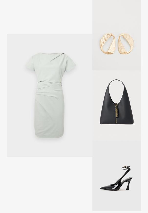 Rochie de lungime medie, de culoare verde deschis, cu mâneci scurte, decolteu asimetric și detaliu de țesătură pliată la talie.; Sandale cu toc înalt din piele patent neagră, cu vârf ascuțit, curea ajustabilă la gleznă și toc mediu pătrat. Textură netedă cu un finisaj lucios.; Geantă de umăr din piele neagră, cu o curea lată, accesorii aurii și două etichete suspendate cu inscripția "LOVE MOSCHINO" în litere aurii.; O pereche de cercei din metal de culoare aurie, cu formă ovală neregulată, având o suprafață texturată, ușor ciocănită, pe un fundal alb.