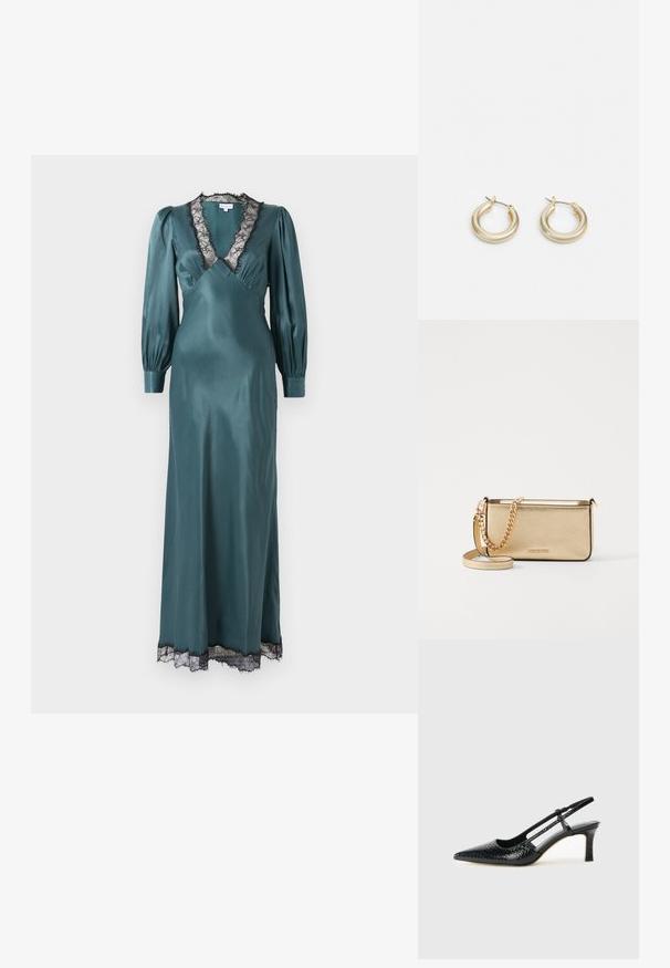 Vestido maxi de cetim em azul-petróleo com um profundo decote em V, mangas longas com volume e acabamento em renda preta ao longo do decote e da barra. Textura suave.; Salto slingback em patente preta com bico apontado, apresentando um padrão de pele de cobra texturizado, tira ajustável e um salto bloco curto e texturizado.; Clutch de couro dourado metálico com um acabamento texturizado, apresentando uma alça de corrente dourada e uma alça de ombro removível. Logotipo da marca em relevo.; Lauren Ralph Lauren BASIC SMALL HOOP - Brincos - gold-coloured