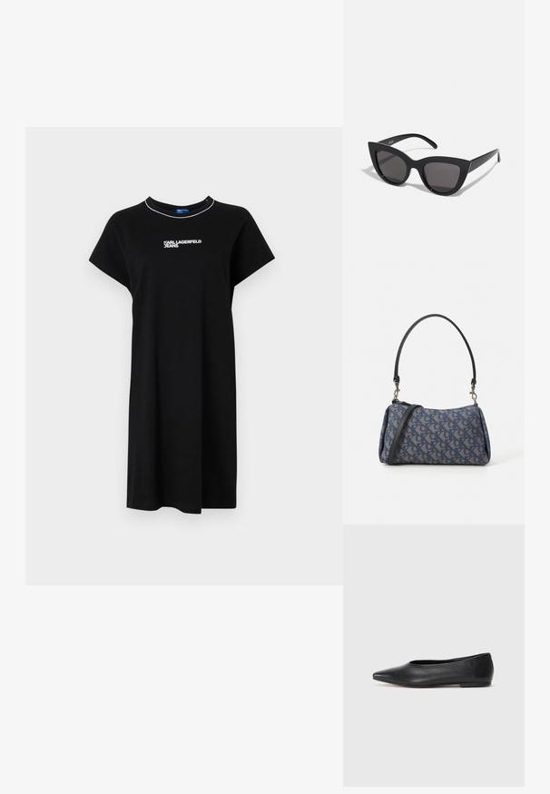 Svart t-skjortekjole med korte ermer, rund hals og hvit logo tekst. Laget av myk stoff med en avslappet, løs passform.; Sorte lærballerina med spiss tå, minimalistisk design, glatt tekstur, lav hæl uten synlig metall eller dekorasjoner.; Sorte katteau solbriller med mat finish, featuring grå tonede linser, skarpe vinkler og slanke sidearme. Merkenavn synlig på den indre armen.; Blåmønstret håndveske laget av stoff, med buet form, svart lærreim og logodesign i en lysere nyanse.