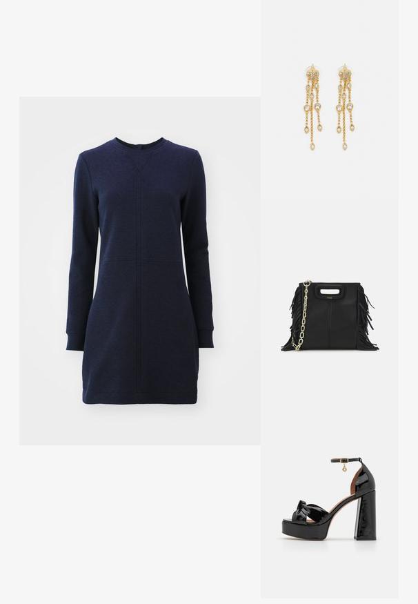 Granatowa sukienka z długim rękawem, o teksturowanym wzorze, okrągłym dekolcie i prążkowanych mankietach. Posiada pionową szew na środku.; Maje - Sandały na obcasie; Czarna skórzana torebka na ramię z frędzlami, złotym łańcuszkiem oraz wyciętym uchwytem. Posiada umieszczone na przodzie logo.; Złote kolczyki z wieloma kaskadowymi łańcuszkami, z przezroczystymi owalnymi akcentami z rhinestone'ów oraz ozdobnymi sztyftami.