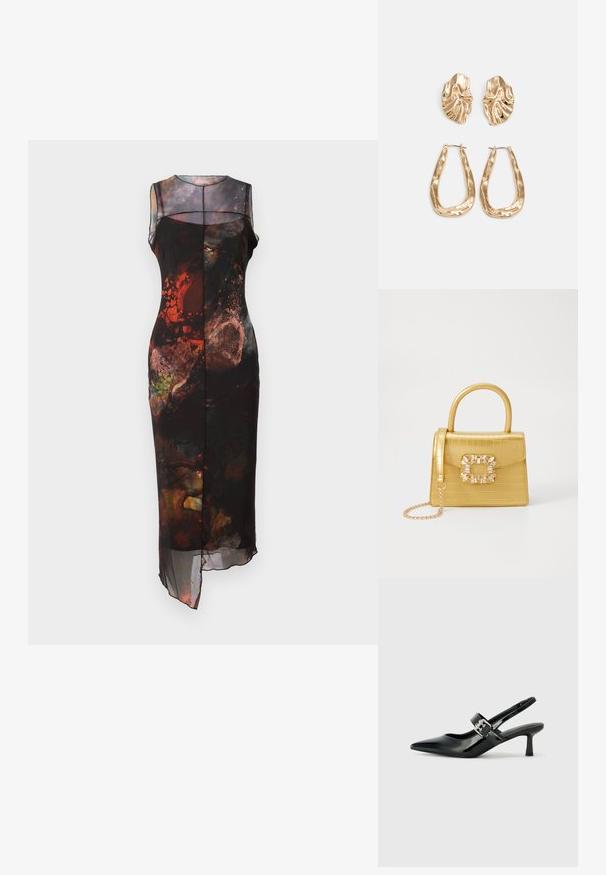Sort kjole med ærmeløs design, der har multikolorede abstrakte mønstre, et gennemsigtigt overlay og en asymmetrisk nederste kant.; Sorte laker slingback hæle med spids tå og en lille blokhæl, med en sølvspændeaccent på remmen.; Gul faux-krokodille skuldertaske med struktureret design, top-håndtag, aftagelig kædetraske og dekorativ krystaldekoration på låsen.; Guldtonede øreringe med teksturerede, bølgede former. Inkluderer skulpturelle clips og en åben ringdesign med en hamret finish.