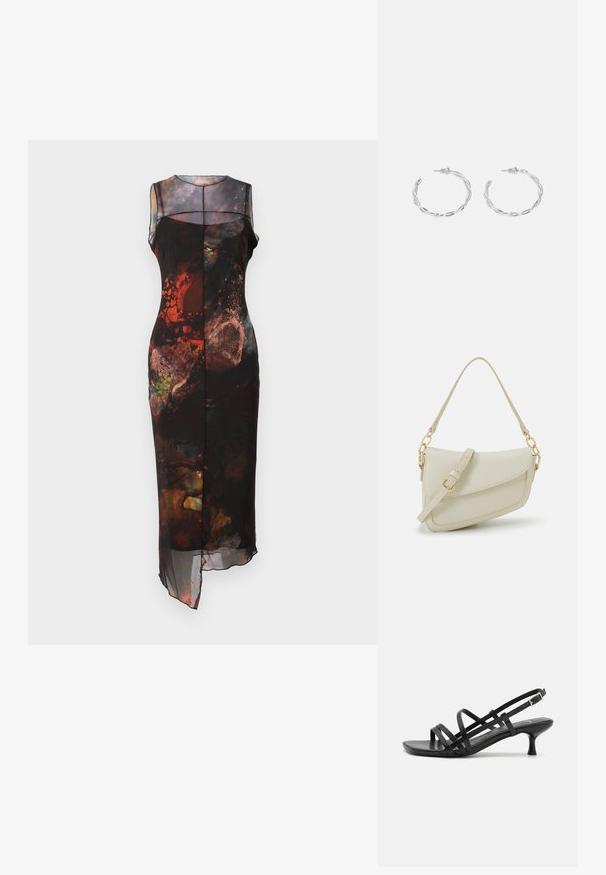 Schwarzes Kleid mit ärmellosem Design, ausgestattet mit mehrfarbigen abstrakten Mustern, einem transparenten Überzug und einem asymmetrischen Saum.; Schwarze High Heels Sandalen mit mehreren überkreuzten Riemen. Glattes Material, spitze Zehenpartie und schmaler Absatz. Verstellbarer Knöchelriemen mit Schnalle.; Kleine cremefarbene Handtasche mit strukturiertem Finish, einem langen verstellbaren Tragegurt, einem Kettenakzent und einem Klappenverschluss. Goldene Hardware-Details.; Silberne Creolen mit gedrehter Gestaltung, ausgestattet mit einer polierten Oberfläche und einer Steckverschluss. Sie haben einen Durchmesser von ca. 3 cm.