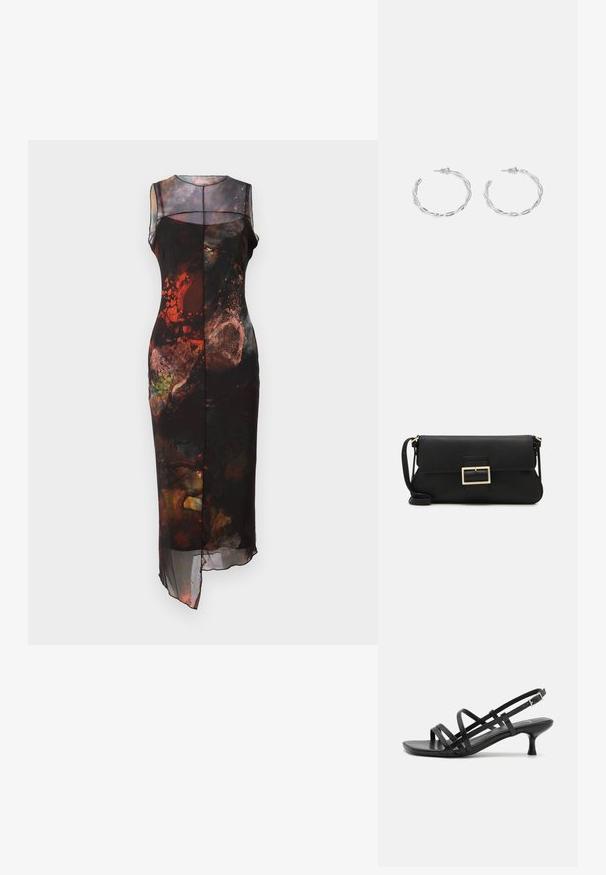 Černé šaty bez rukávů, s multicolor abstraktními vzory, průsvitným přehozem a asymetrickým lemem.; Černé sandály na podpatku s několika křížovými pásky. Hladký materiál, špičatá špička a úzký podpatek. Nastavitelný pásek kolem kotníku s přezkou.; Černá kožená psaníčko s klopou a zlatým kovovým detailním sponou. Součástí je černý popruh a elegantní, minimalistický design.; Stříbrné kruhové náušnice s točeným designem, se lesklým povrchem a uzávěrem na kolík. Průměr přibližně 3 cm.
