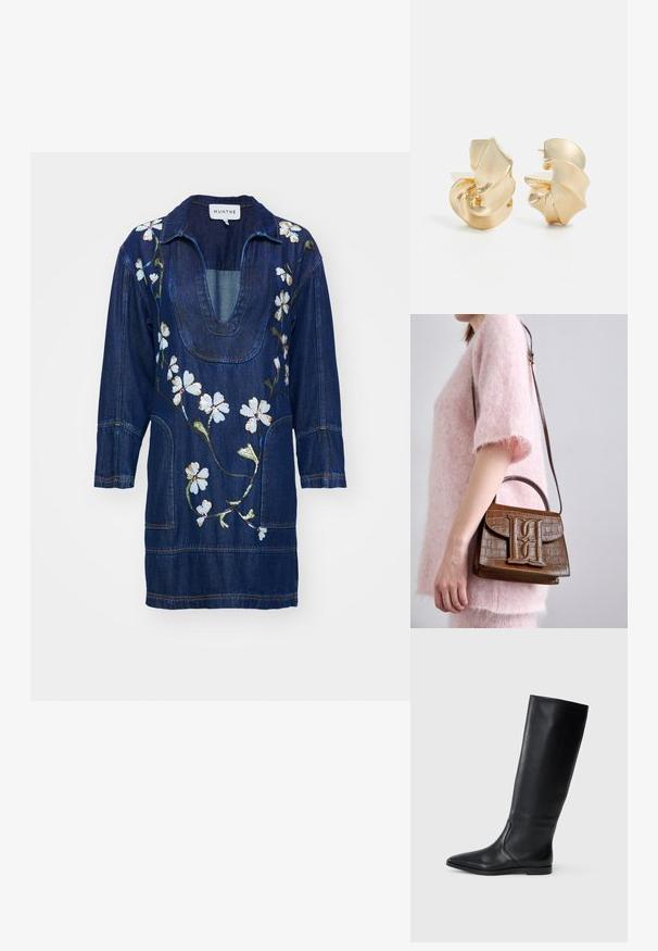 MUNTHE FIVA - Denimové šaty - indigo; Čierna kožená čižma po kolená s špicatou špičkou a minimalistickým dizajnom. Hladký povrch a plochá podrážka, s diskrétnymi bočnými švami.; Hnedá kabelka s embosovaným vzorom krokodíla, so spodnou rukoväťou a ramenným popruhom. Obsahuje výrazné logo na prednom klape. Mäkká textúra.; Textúrované náušnice z kovu v zlatom tóne so sochárskym, špirálovitým dizajnom. Obsahujú hladké povrchy a krivky odrážajúce svetlo.