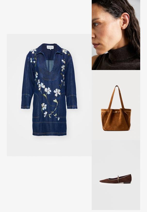 MUNTHE FIVA - Džinsa auduma kleita - indigo; Brūni zamša plakanie apavi ar smailo purngalu, ar plānu siksniņu un zelta detaļu. Apaviem ir zems papēdis un pelēks apmale.; Brūns zamšs tote soma ar divām roktēm, pogu aizdari un brīvu, nedaudz izplūdušu formu.; Tuvumā redzama sievietes profila bilde ar tumšiem, viļņainiem matiem, gaiši brūnu ādu un brūnu augsto apkakli. Vienkārša auskariņa uzsver viņas auss.