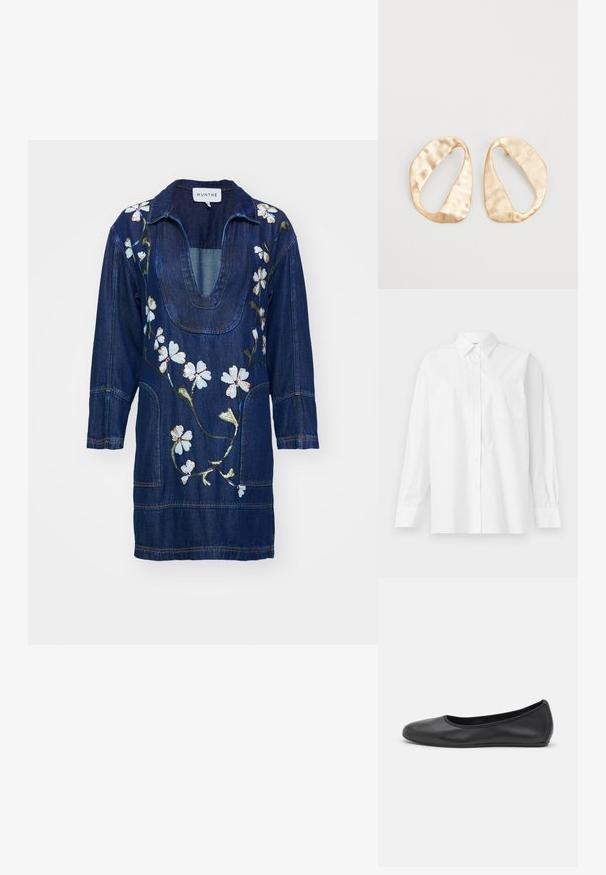 MUNTHE FIVA - Džinsinė suknelė - indigo; Balta ilga rankovėmis marškiniai, pagaminti iš medvilnės, su klasikiniu apykakle, mygtukų uždarymu ir vienu krūtinės kišeniu kairėje pusėje.; Juodai odiniai baletai su apvaliu pirštu, lygi texture, minimalus siuvimo detales ir lanksčiu padų dizainu.; Nedidelis nereguliarus ovalo formos aukso tono metalinių auskarų pora su tekstūruota, šiek tiek kalta paviršiumi ant balto fono.