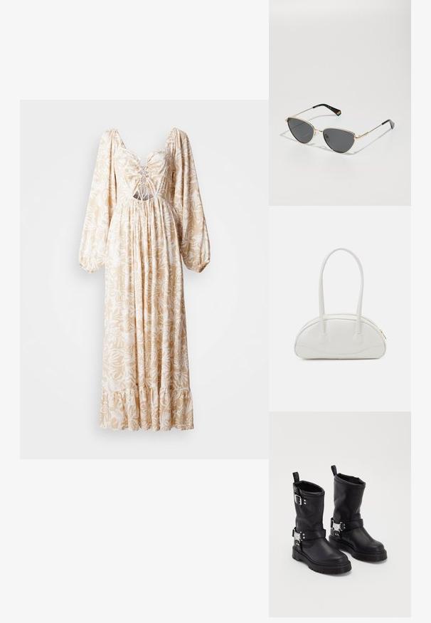 Lang kjole med puffede ærmer i beige med hvidt blomstermønster, der har en samlet talje, snørebånd foran og frynsede kanter.; Sorte læder ankelstøvler med en robust sål, der har en sidebåndsrem og dekorativ hardware. Glat overflade med et trækstrop.; Sorte metalrammesolbriller med mørke linser, katteøjeform og sorte templer med en regnbueaccent på den ene side.; Even&Odd Håndtasker - off-white