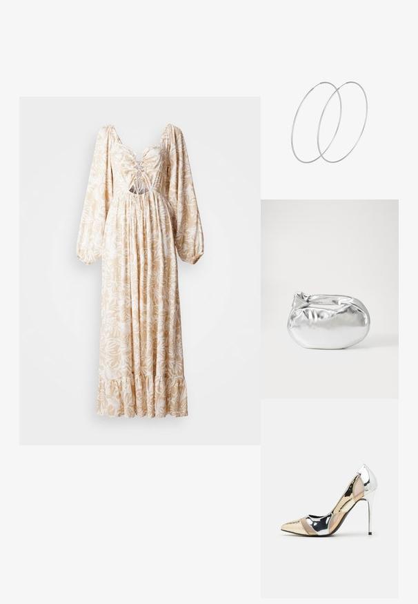 Langes Kleid mit Puffärmeln in Beige mit weißem Floralprint, das eine geraffte Taille, eine Schnürung an der Vorderseite und einen Rüschensaum aufweist.; Spitz zulaufender High-Heel-Schuh in einer Farbgestaltung aus Silber, Gold und Nude. Glänzende Oberfläche mit Ausschnittdesign und stiletto Absatz.; Silberne metallic Pouch-Tasche mit einer sanften, abgerundeten Form und einem geknoteten Verschluss oben. Hergestellt aus glattem Kunstleder.; Silberne Creolen mit minimalistischem Design. Rundform, glatte Oberfläche und dünnes Profil. Leichtgewichtig mit hochglänzender Oberfläche.