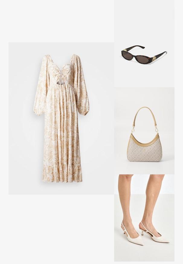 Abito lungo con maniche a sbuffo in beige con motivo floreale bianco, caratterizzato da una vita arricciata, apertura con lacci e orlo smerlato.; Tacchi slingback in pelle lucida beige con punta affusolata e tacco di 5 cm, caratterizzati da lati traforati e una sottile fascia alla caviglia.; Occhiali da sole tartarugati con lenti ovali allungate, tonalità marrone, accenti dorati con logo sulle tempie e aste nere eleganti.; Borsa a tracolla beige con un motivo stampato, forma curvata, dettagli in pelle e un logo dorato sul davanti. Presenta una maniglia corta per un facile trasporto.; Collana di perle e cristalli con un design rotondo a perline in tonalità tenui, caratterizzata da perle alternate e accenti scintillanti, indossata attorno al collo.