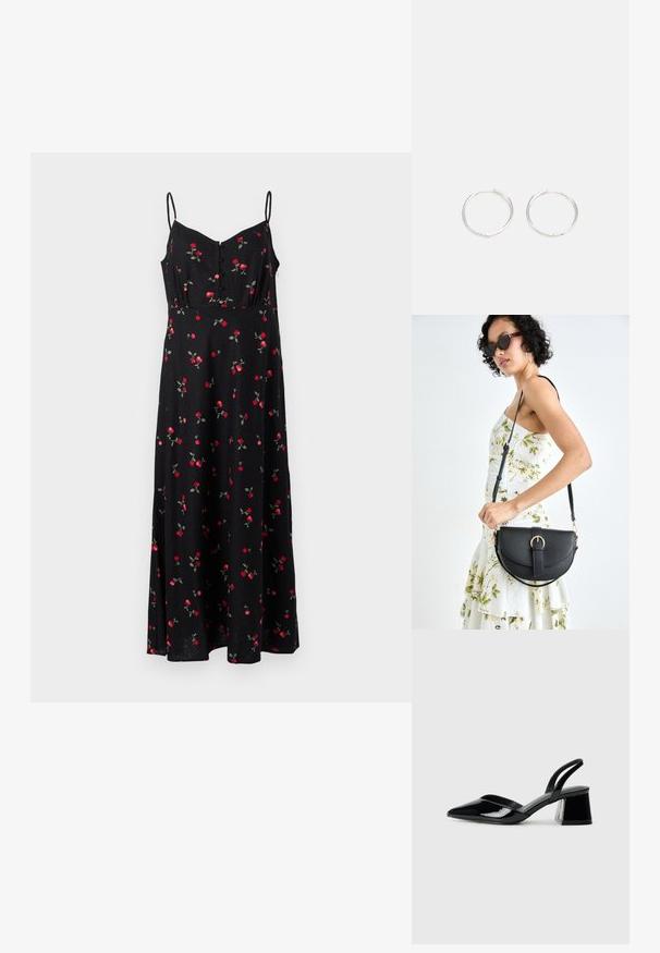 Černé květinové šaty s nastavitelnými ramínky, s knoflíkovým zapínáním vpředu, s potiskem červených růží a zelených listů na látce.; Černé lakované kožené lodičky na pásku s špičatou špičkou a geometrickým blokovým podpatkem. Vyznačují se elegantním, minimalistickým designem a hladkým povrchem.; Černá kožená kabelka s křivkovým tvarem, odnímatelným popruhem a zlatými detaily. Kabelka má klopu s přezkou.; Stříbrné kruhové náušnice s elegantním, kulatým designem, s hladkým povrchem a bez viditelných ozdob. Průměr není specifikován.