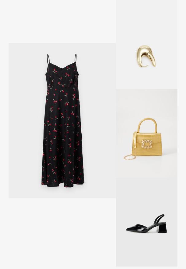 Svart blomstret kjole med justerbare spaghetti-stropper, en knappestolpe foran, med et mønster av røde roser og grønne blader på stoffet.; Svarte patentlær slingback hæler med spiss tå og geometrisk blokk hæl. Har et stilrent, minimalistisk design og jevn tekstur.; Gul faux-krokodille veske med en strukturert design, toppen håndtak, avtagbar kjede stropp, og dekorativ krystallbortsettelse på låsen.; Gullfarget metalløredobber med et elegant, buet design. Har en karakteristisk spiss form, polert overflate og hengsel-lukking.