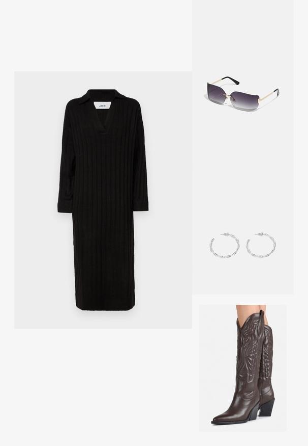 Musthave mustriba kootud kleit V-kaelusega ja kraega, pikkade varrukatega ja põlve pikkusega hemiga. Lihtne disain tekstureeritud pinnaga.; Pruunid nahast cowboy saapad terava varbaga ja plokk-kandaga, millel on detailne tikand ja kergelt tõstetud aktsendid varrel.; Halli prillid halli gradient objektiiviga, kuldne metallraam ja mustad plastikaktsendid. Ainsad liblikakujulised objektiivid, millel on peened sangad.; Hõbedased rõngaskõrvarõngad keerutatud disainiga, millel on poleeritud viimistlus ja posti-tagune sulgemine. Diameeter umbes 3 cm.